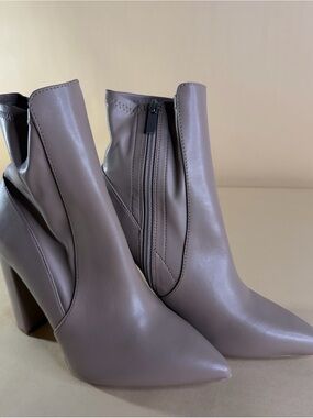 Sleek Pointed Toe Ankle Booties in Taupe